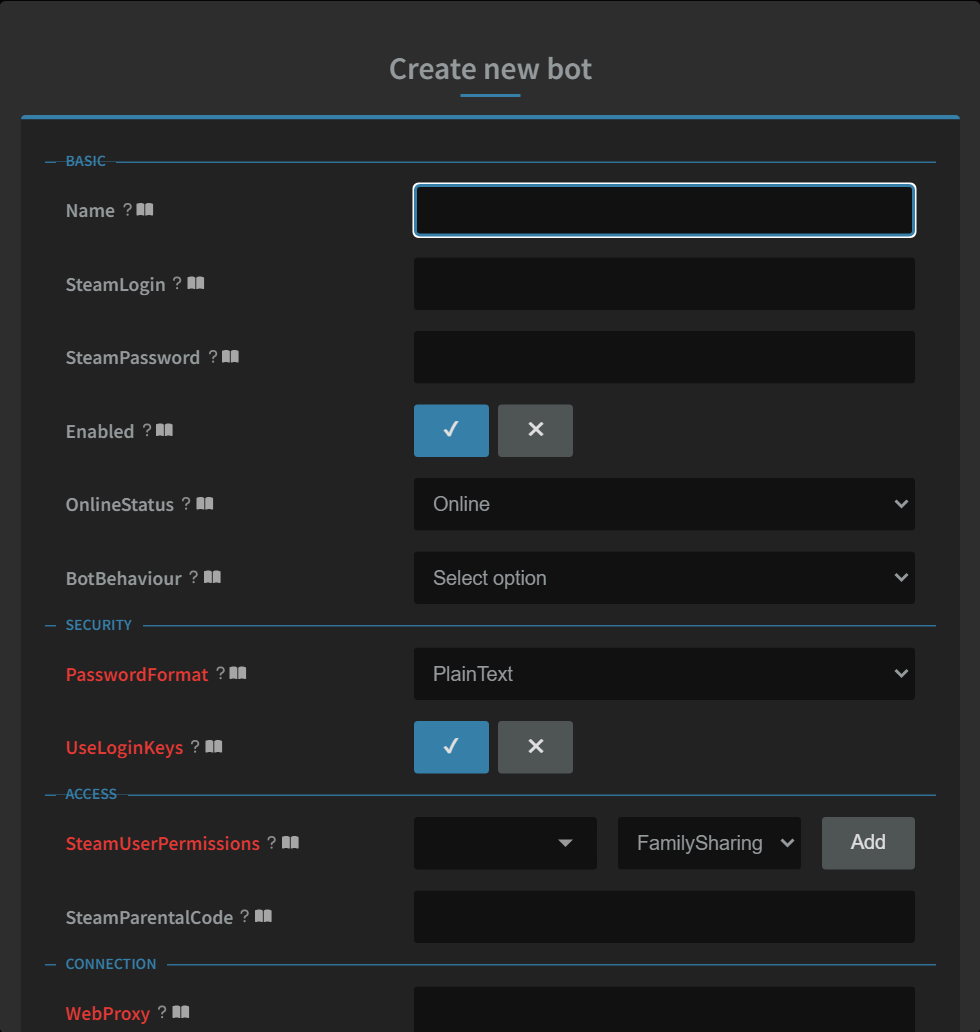 The Create new bot page